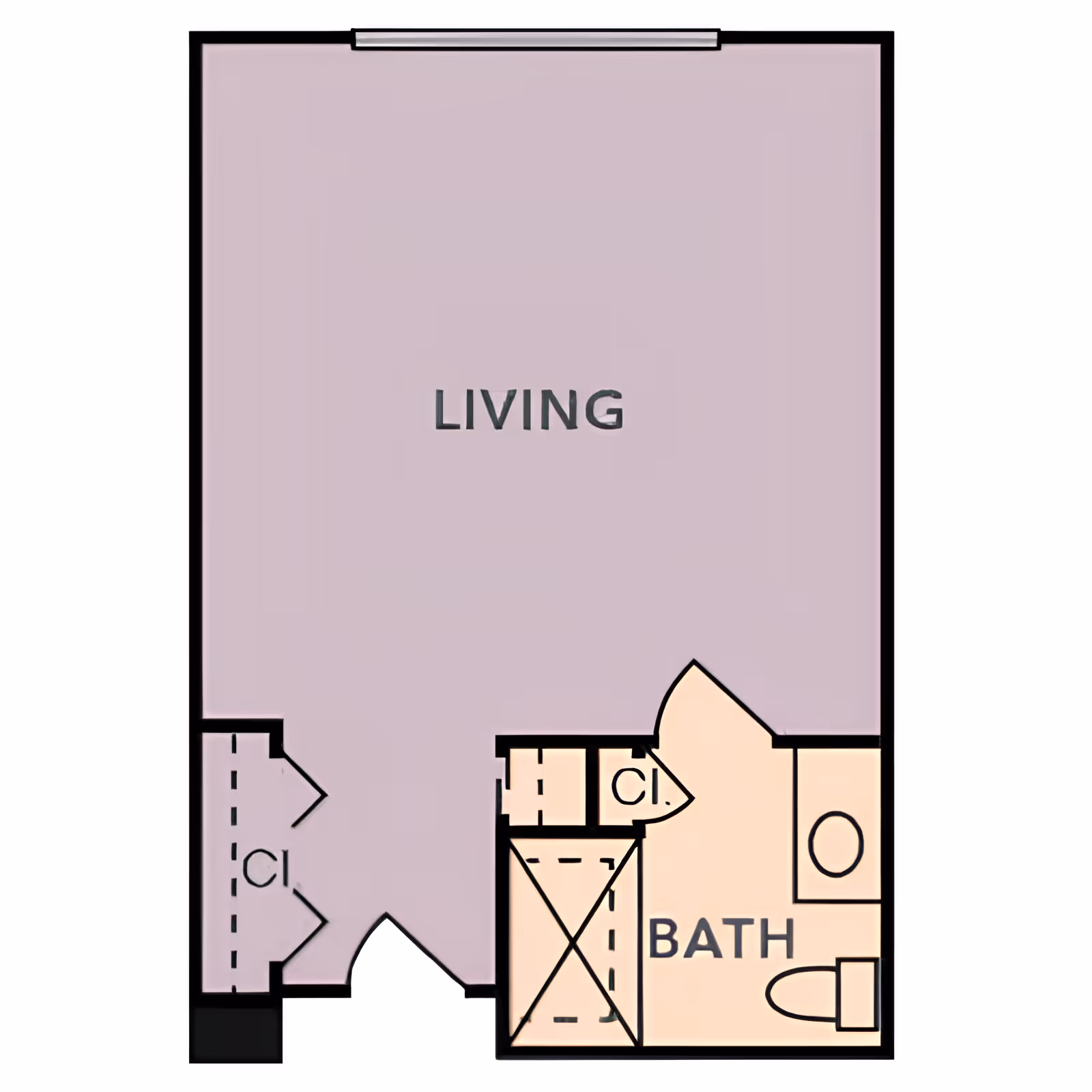Floor plan layout showing a living area labeled 'LIVING' with two closets on the left side, and a bathroom labeled 'BATH' on the right side containing a shower, toilet, and sink.