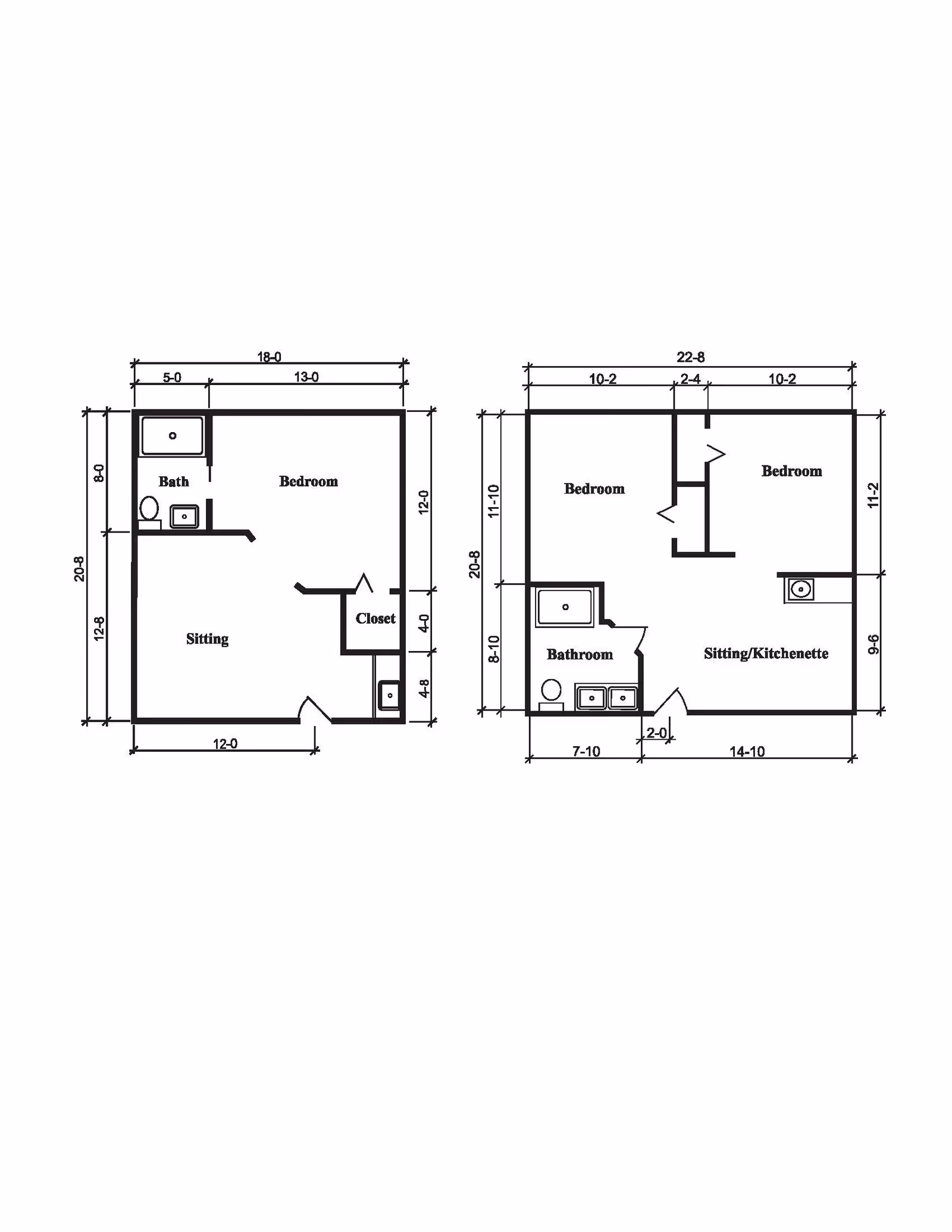 Architectural floor plan showing two different apartment layouts. The left layout includes a bedroom, sitting area, bath, and closet. The right layout includes two bedrooms, a bathroom, and a sitting/kitchenette area with dimensions marked for each section.
