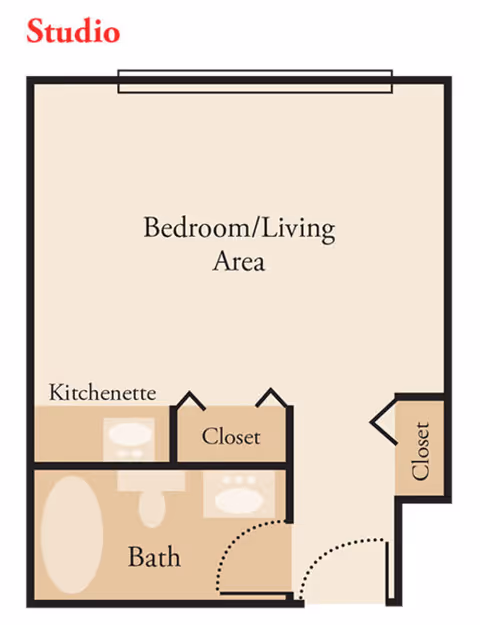Floor plan of a studio apartment at The Village Senior Living showing a combined bedroom and living area, a kitchenette, two closets, and a bathroom.
