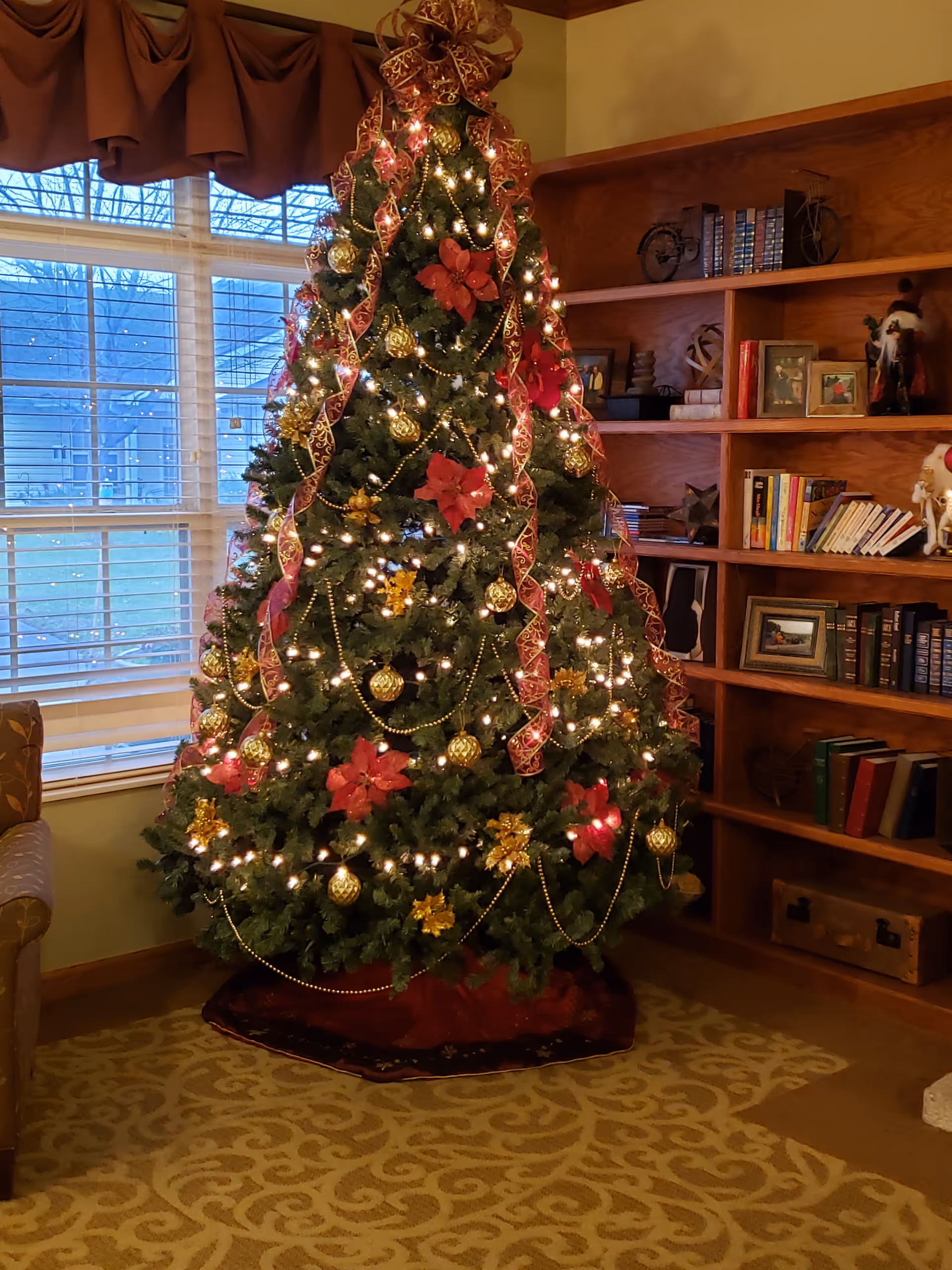 A decorated Christmas tree with lights, red and gold ornaments, and ribbon stands in a cozy room with a patterned carpet. Behind the tree is a large window with blinds and brown valances. To the right is a wooden bookshelf filled with books, framed photos, and decorative items.