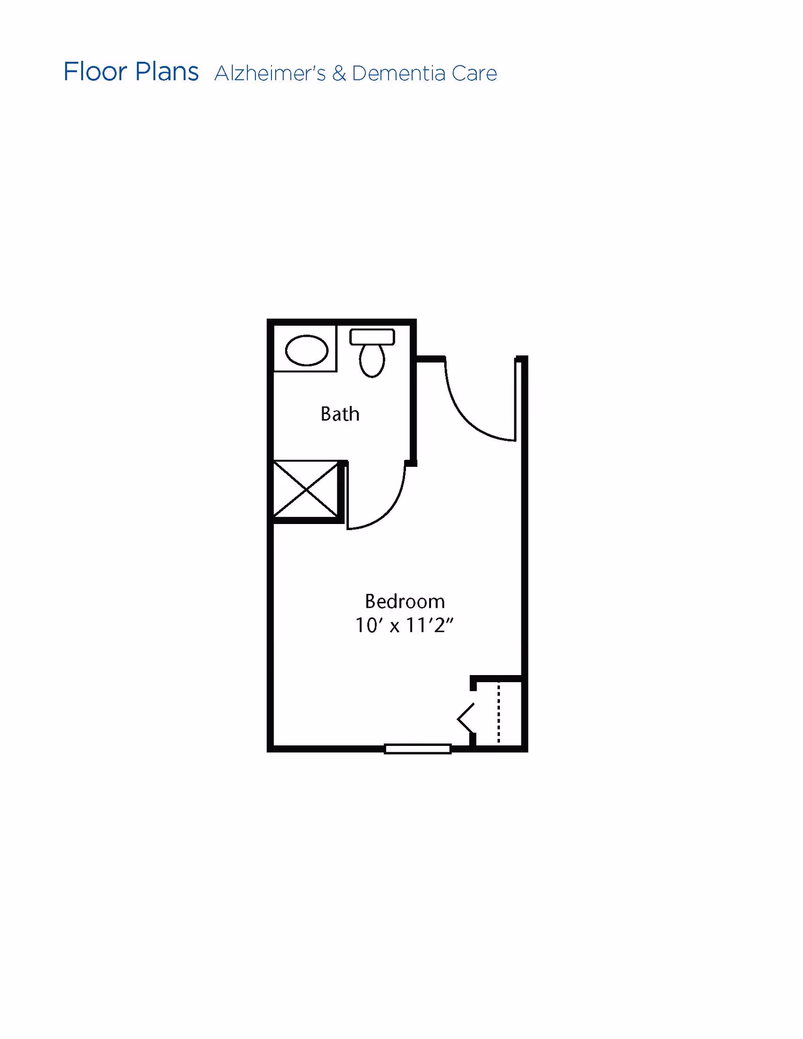 Floor plan layout for Alzheimer's and Dementia Care showing a bedroom measuring 10 feet by 11 feet 2 inches and an attached bathroom with a sink, toilet, and shower.