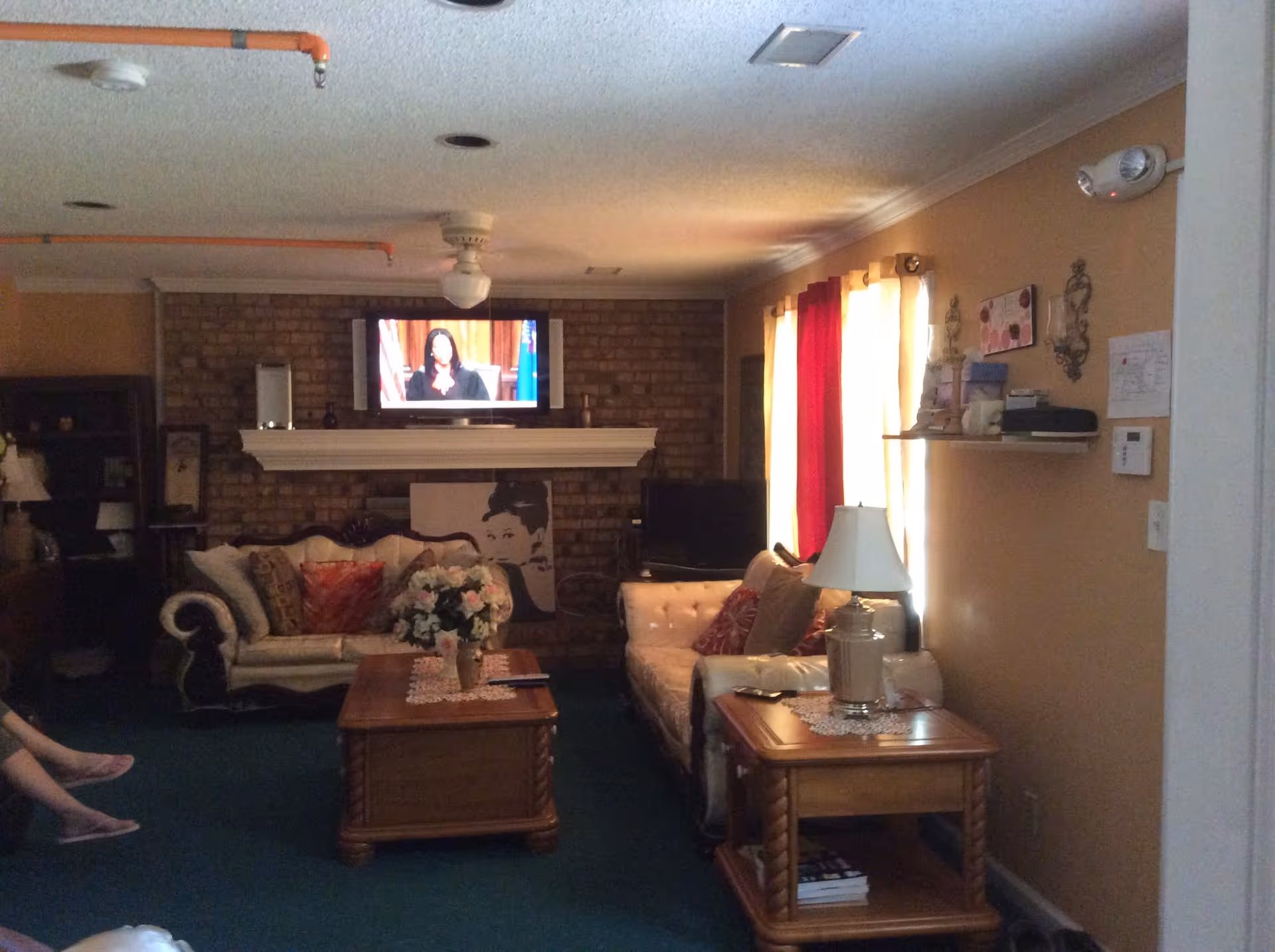 A cozy living room with two sofas, a wooden coffee table with a floral arrangement, a side table with a lamp, and a wall-mounted TV above a brick fireplace. The room has beige walls, green carpet, and windows with red and cream curtains letting in natural light.