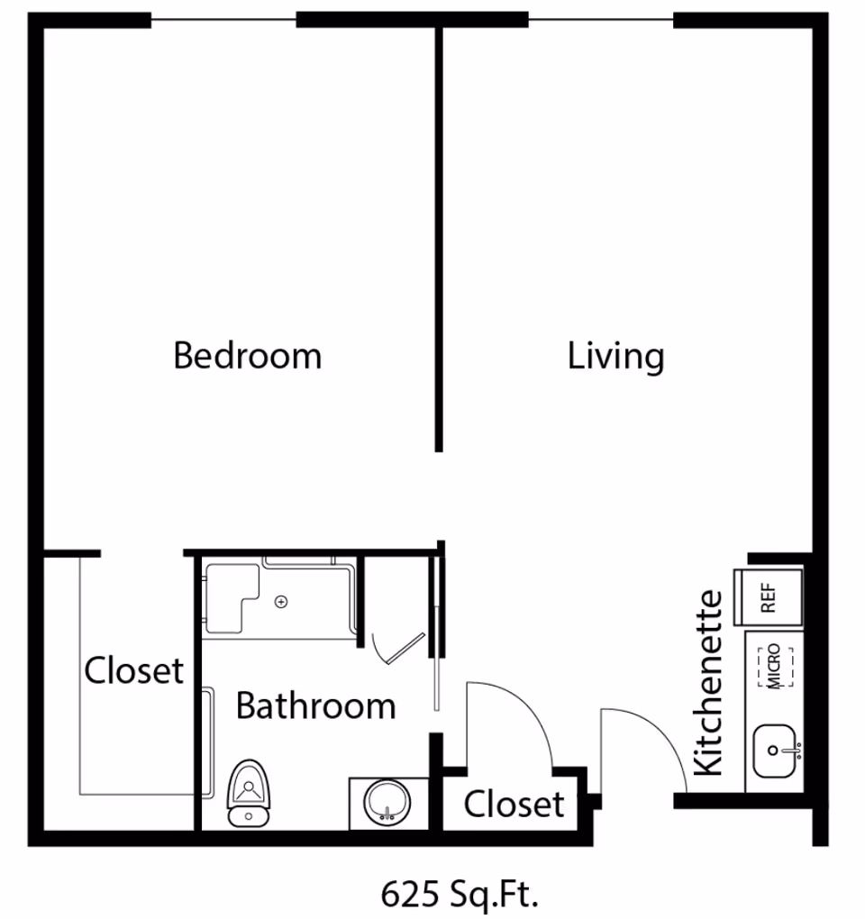 Floor plan of a 625 square feet living space at The Lodge at Piner Road, showing a bedroom, living room, bathroom, kitchenette, and two closets.
