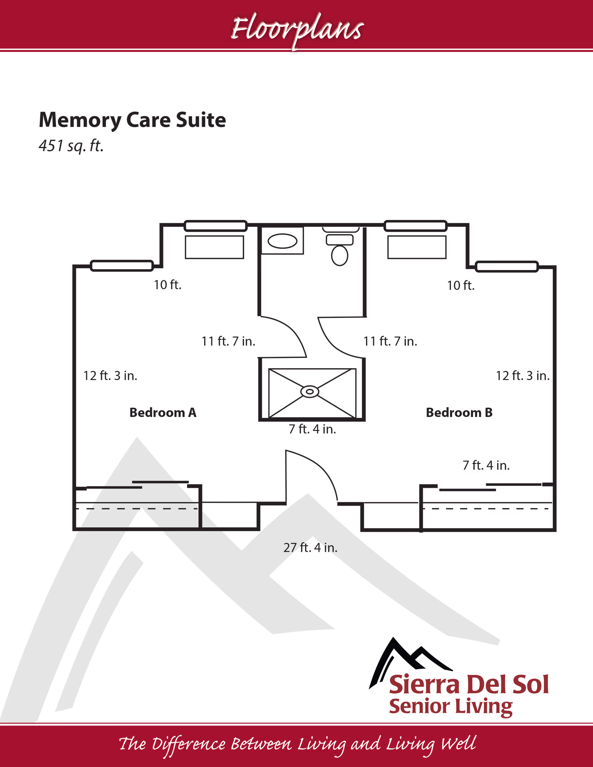 Floorplan of a Memory Care Suite at Sierra Del Sol Assisted Living showing two bedrooms labeled Bedroom A and Bedroom B, a bathroom with a toilet and sink, and dimensions for each room and overall layout.