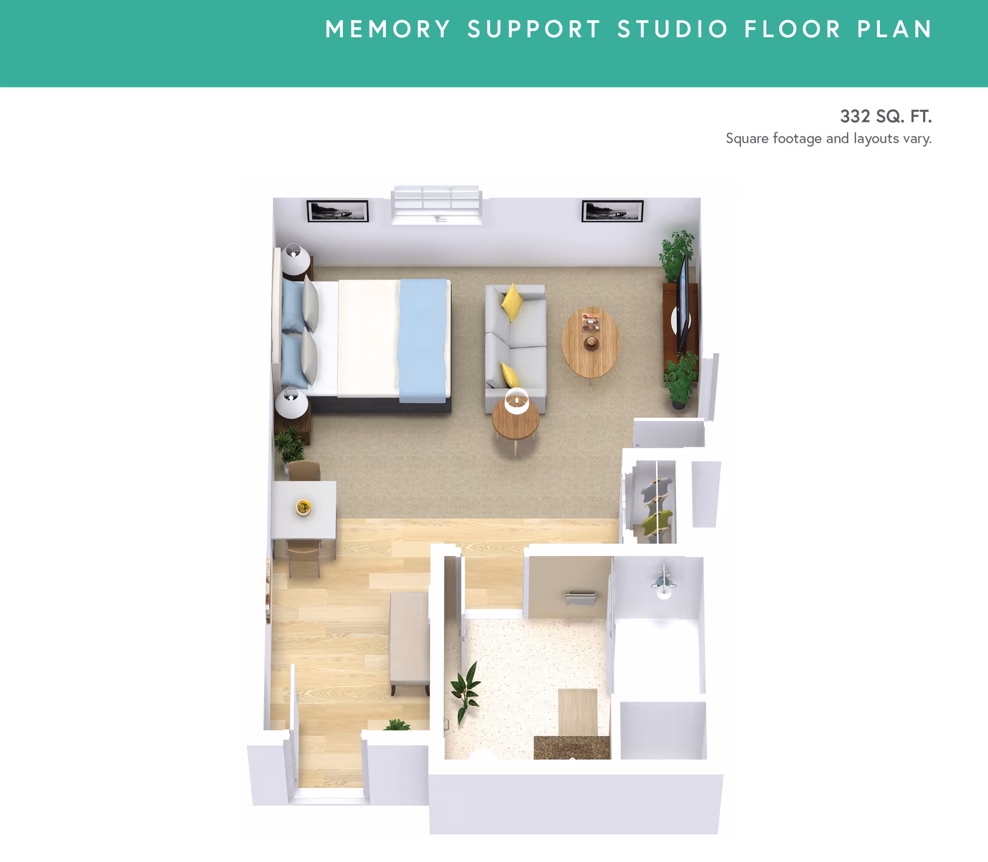 3D floor plan of a memory support studio apartment featuring a sleeping area with a bed and nightstands, a living area with a sofa, coffee table, and TV, a small dining table with chairs, a closet, and a bathroom with a sink and shower. The total area is 332 square feet.
