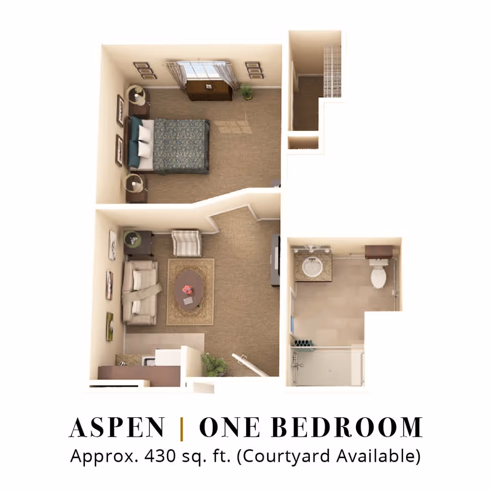 Floor plan of a one-bedroom apartment named Aspen, approximately 430 square feet, showing a bedroom with a bed and two nightstands, a living room with a sofa, chair, coffee table, and TV, a kitchen area, and a bathroom with a sink, toilet, and shower.
