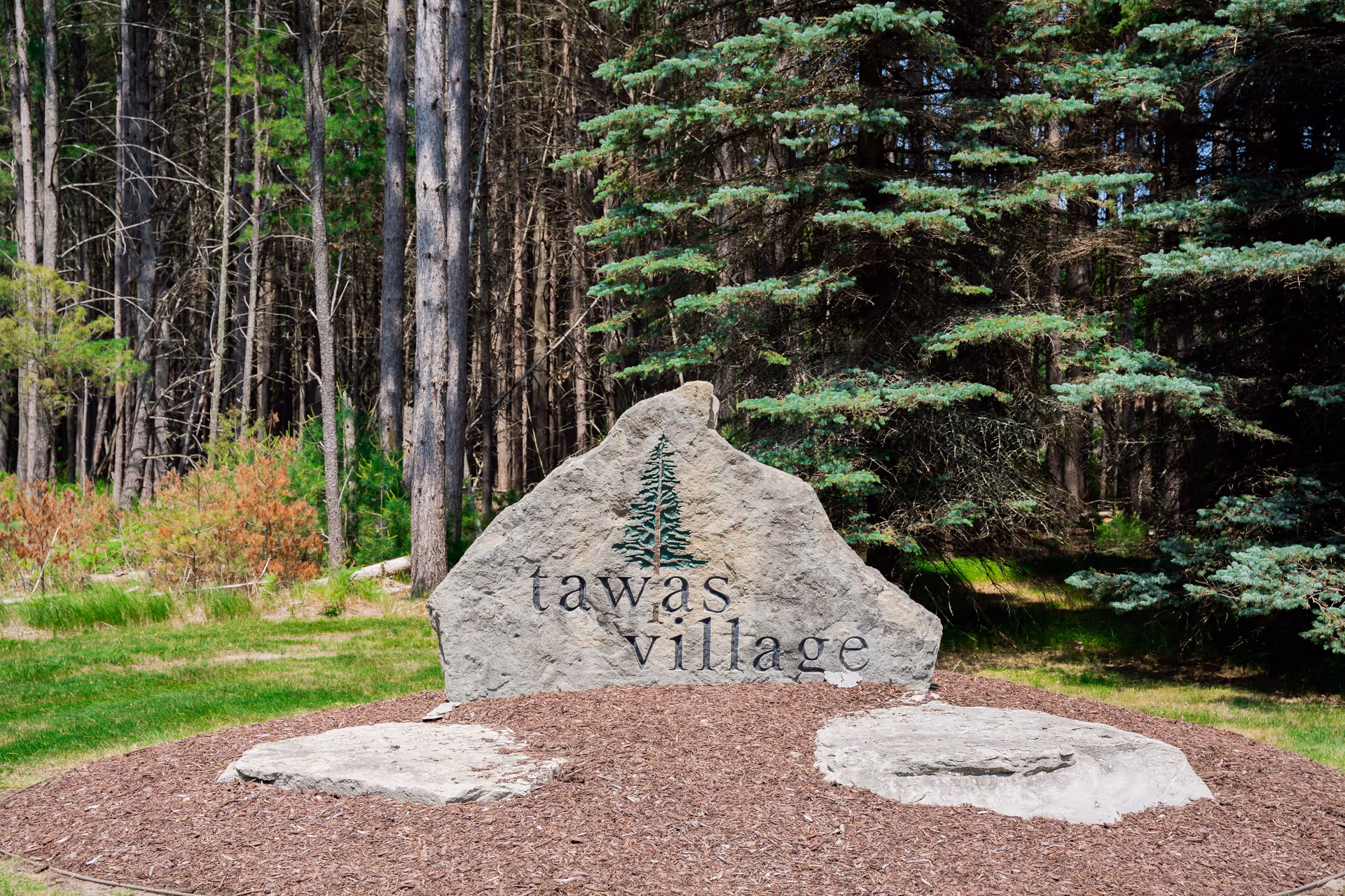 A large stone monument with the words 'tawas village' engraved on it, featuring a tree design above the text. The stone is set in a landscaped area with mulch and surrounded by grass and tall trees in the background.
