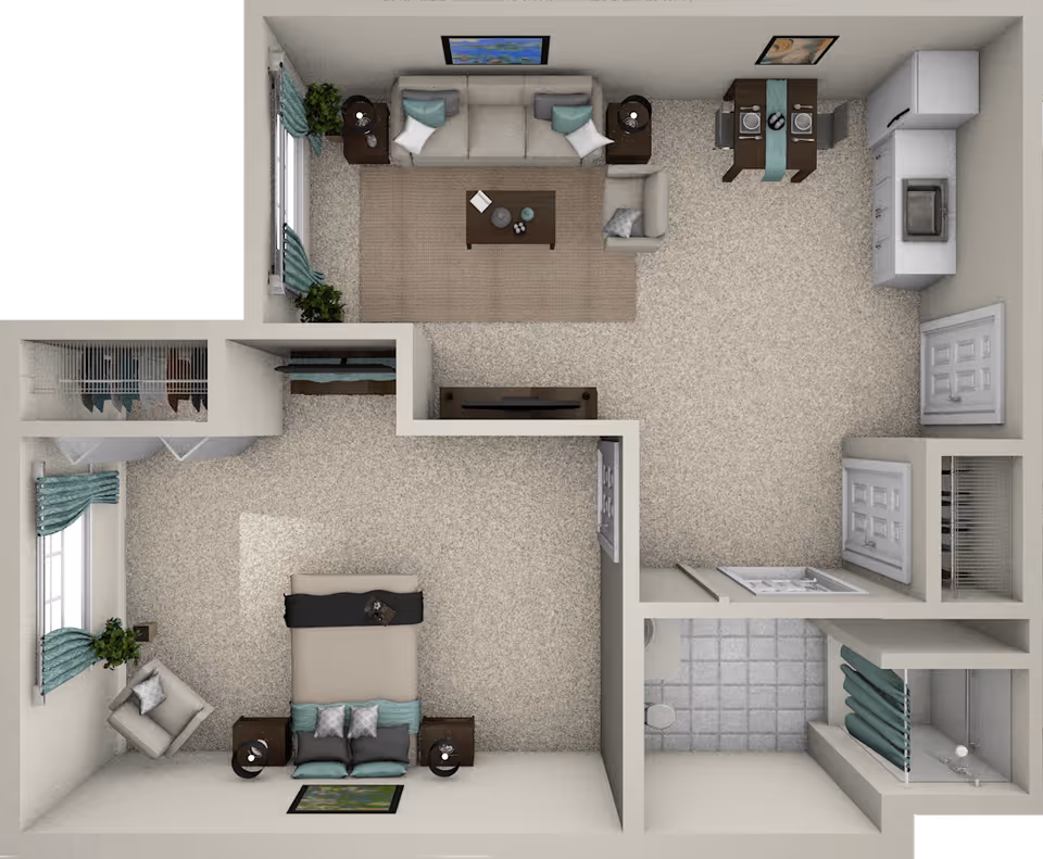 Top-down view of a one-bedroom apartment floor plan featuring a living room with a sofa, armchair, coffee table, and TV stand, a dining area with a table set for two, a kitchen with appliances and cabinets, a bedroom with a bed, nightstands, and an armchair, and a bathroom with a shower and toilet.