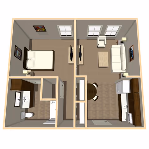 Top-down 3D floor plan of a one-bedroom assisted living apartment showing a bedroom with a bed and two windows, a bathroom with a sink, toilet, and shower, a living room with a sofa, armchair, coffee table, and TV, and a kitchen with appliances and a small dining table with chairs.