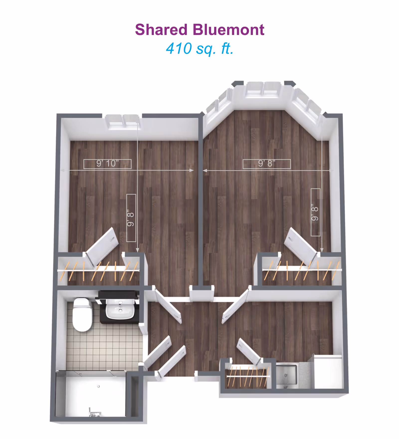 3D floor plan of a Shared Bluemont apartment with 410 square feet, showing two rooms with closets, a bathroom with a toilet, sink, and shower, and a small kitchen area with a sink and refrigerator.