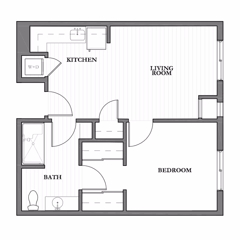 Architectural floor plan of a senior living unit at Green Oaks Senior Living, showing a kitchen with washer and dryer, a living room, a bedroom, and a bathroom with a bathtub, toilet, and sink.