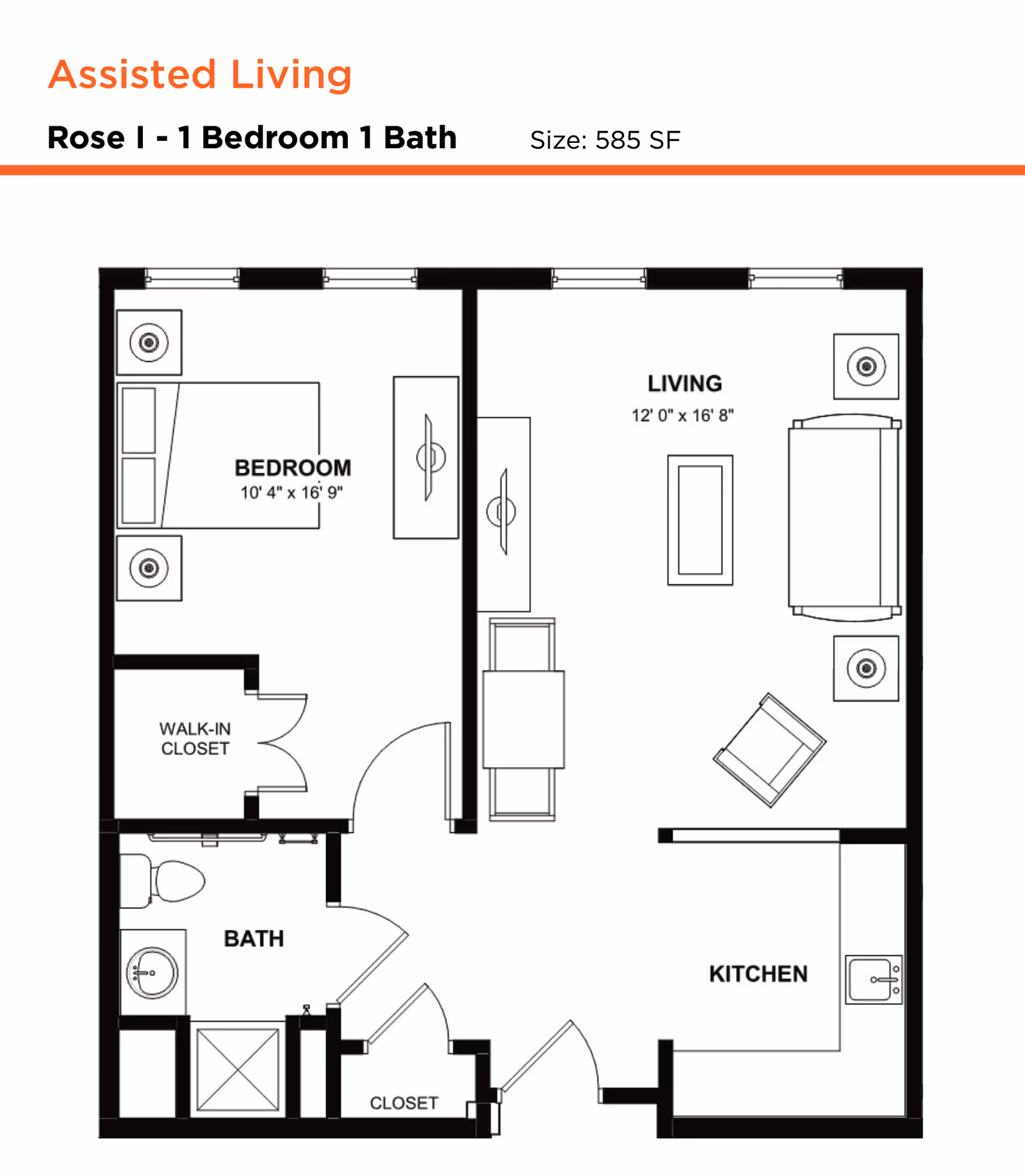 Floor plan of an assisted living unit named Rose I with 1 bedroom and 1 bathroom, totaling 585 square feet. The layout includes a bedroom with a walk-in closet, a bathroom, a living room, and a kitchen. The bedroom measures 10 feet 4 inches by 16 feet 9 inches, and the living room measures 12 feet by 16 feet 8 inches. Furniture such as a bed, sofa, chairs, tables, and kitchen sink are illustrated.