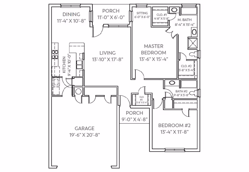 Architectural floor plan of a residential unit at Baptist Retirement Community showing a garage, kitchen, dining area, living room, two bedrooms including a master bedroom with sitting area and two bathrooms, and two porches.