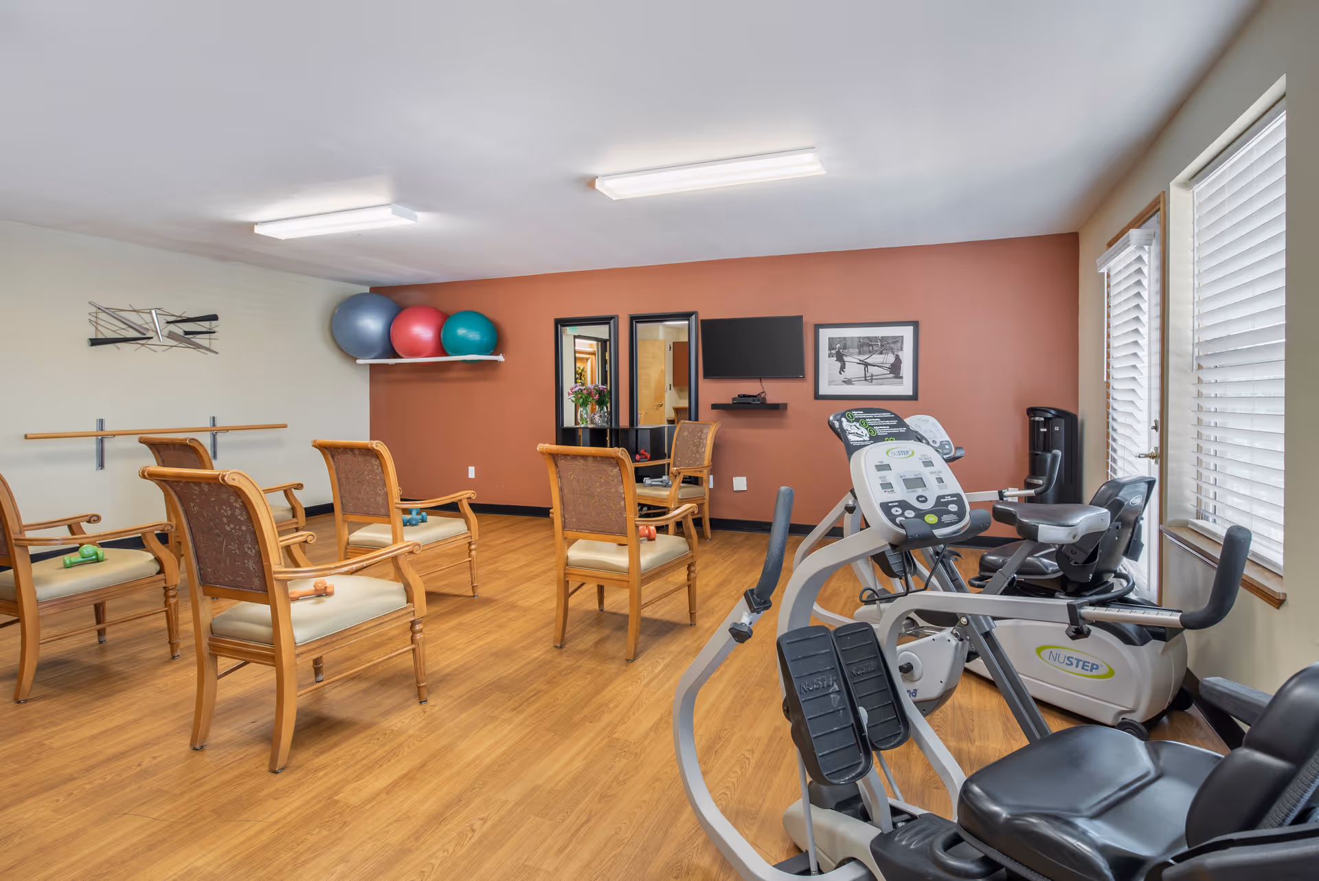 Exercise and therapy room with wooden chairs, exercise machines, stability balls, and a wall-mounted TV.