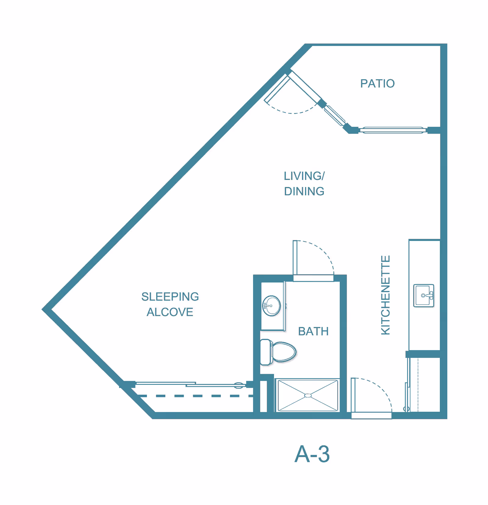 Architectural floor plan of a senior living unit labeled A-3, showing a sleeping alcove, bath with toilet and sink, kitchenette, living/dining area, and a patio.
