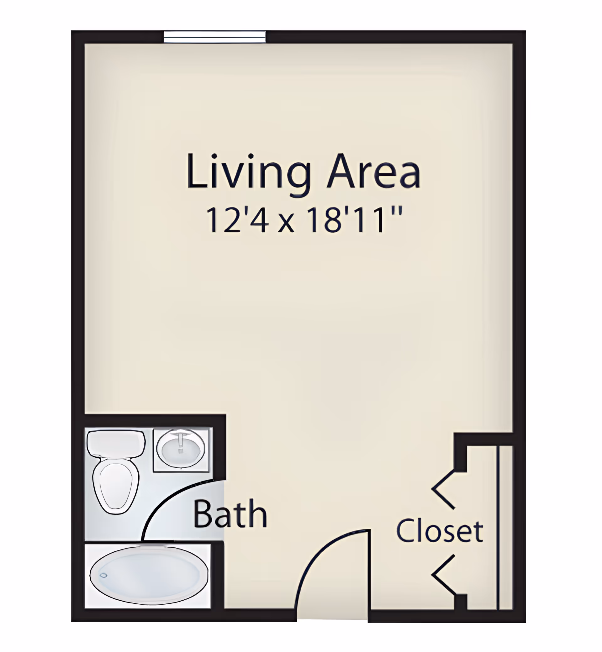 Floor plan of a living area measuring 12 feet 4 inches by 18 feet 11 inches, including a bath with a toilet, sink, and bathtub, and a closet near the entrance.