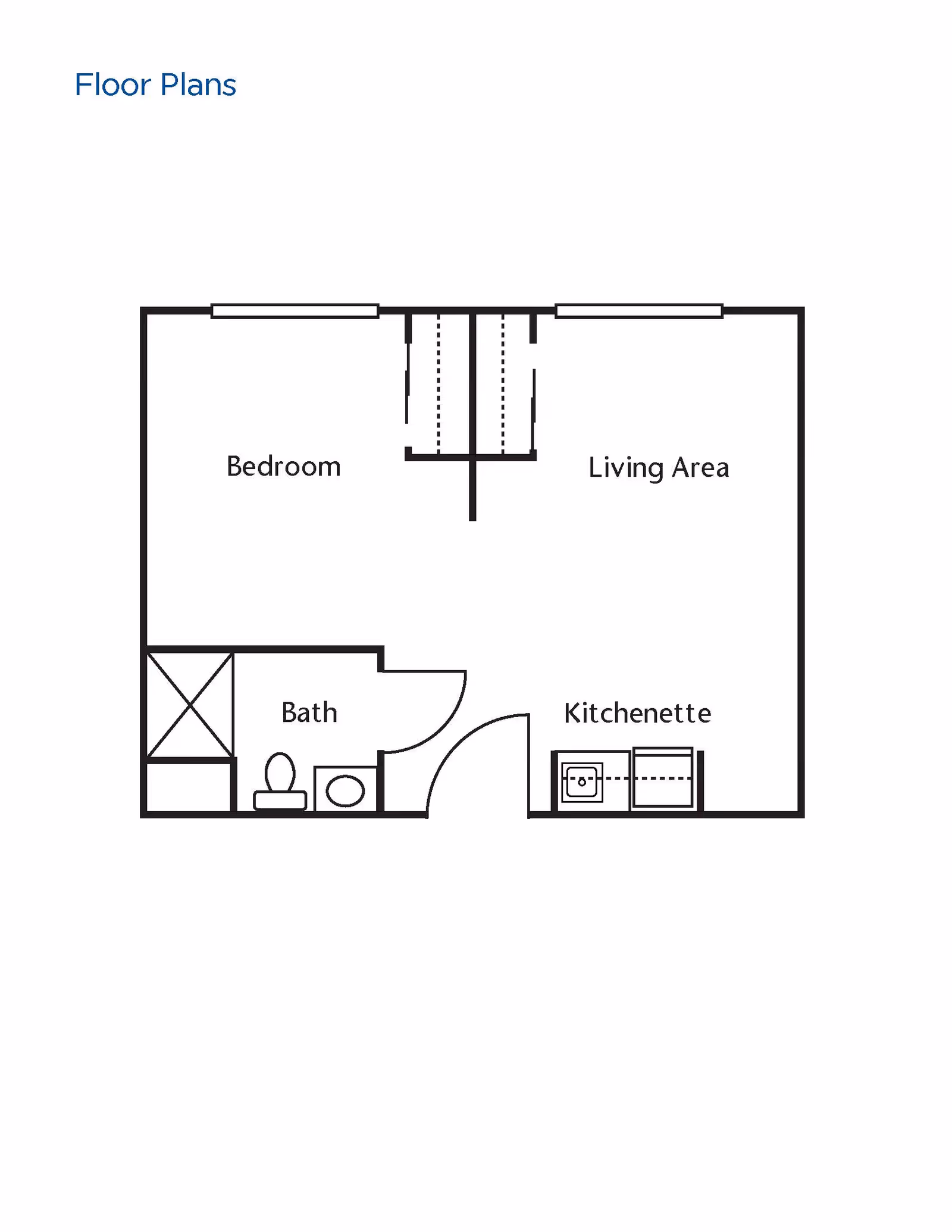 Floor plan layout showing a bedroom, living area, bath, and kitchenette with labeled rooms and basic fixtures.