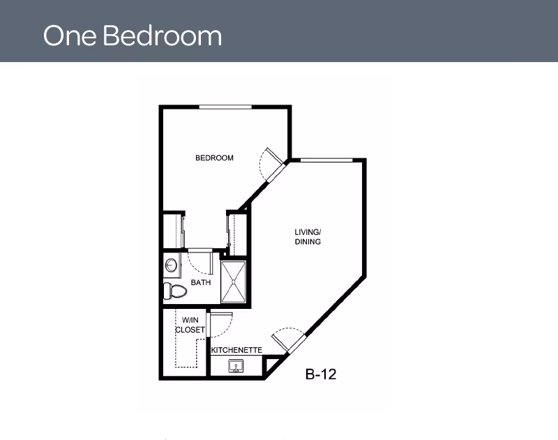 Floor plan layout of a one-bedroom unit labeled B-12, showing a bedroom, bathroom, walk-in closet, kitchenette, and combined living/dining area.