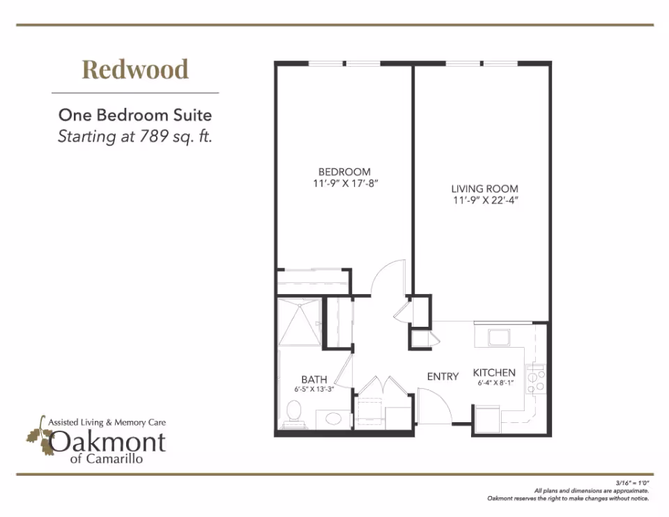 Floor plan of the Redwood one bedroom suite at Oakmont of Camarillo showing a bedroom, living room, kitchen, bathroom, and entry area with dimensions.