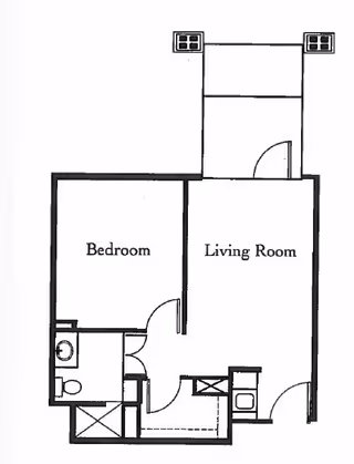 Black and white floor plan of a one-bedroom apartment showing a bedroom, living room, bathroom, and entry area with doors and windows marked.