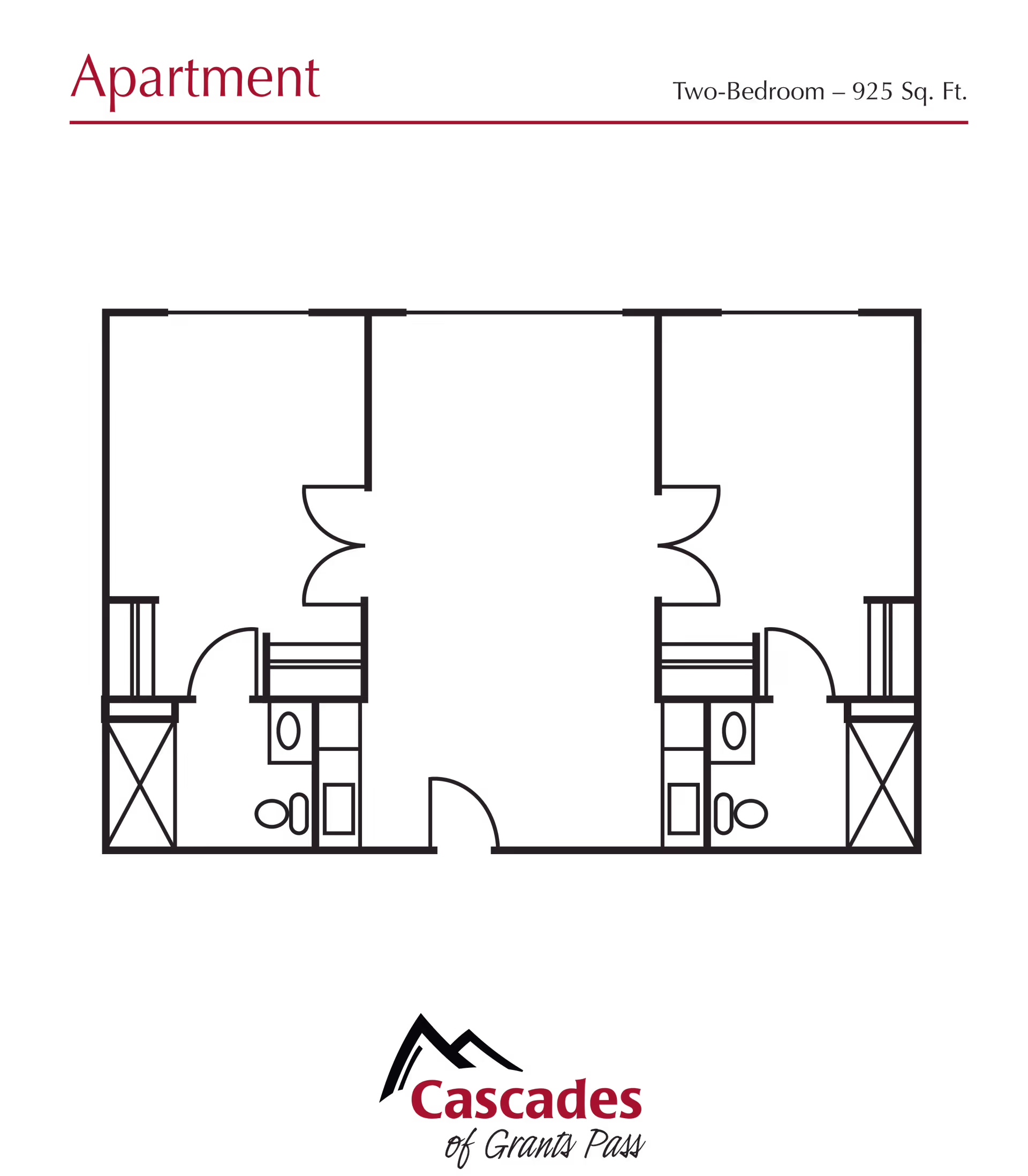Floor plan layout of a two-bedroom apartment with 925 square feet, showing two bedrooms, two bathrooms, and a central living area. The layout includes doors, closets, and bathroom fixtures.