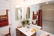 Bathroom with a sink vanity and mirror, red towels on racks, and a bathtub with a shower curtain.