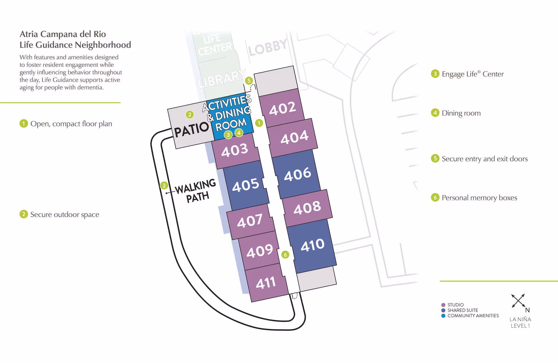 Floor plan of Atria Campana del Rio Life Guidance Neighborhood showing an open, compact layout with labeled rooms including studio and shared suites, a patio, walking path, activities and dining room, life center, library, and lobby. The plan highlights secure outdoor space, secure entry and exit doors, personal memory boxes, and community amenities.
