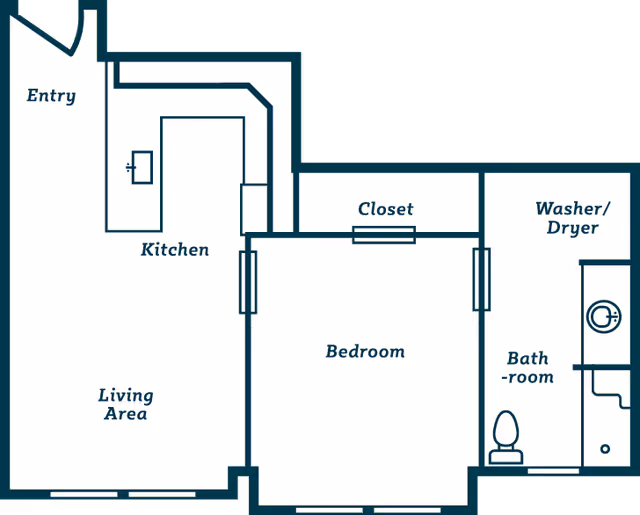 Floor plan layout of a senior living unit at Everlan of Hixson showing an entry, kitchen, living area, bedroom with closet, bathroom, and washer/dryer area.