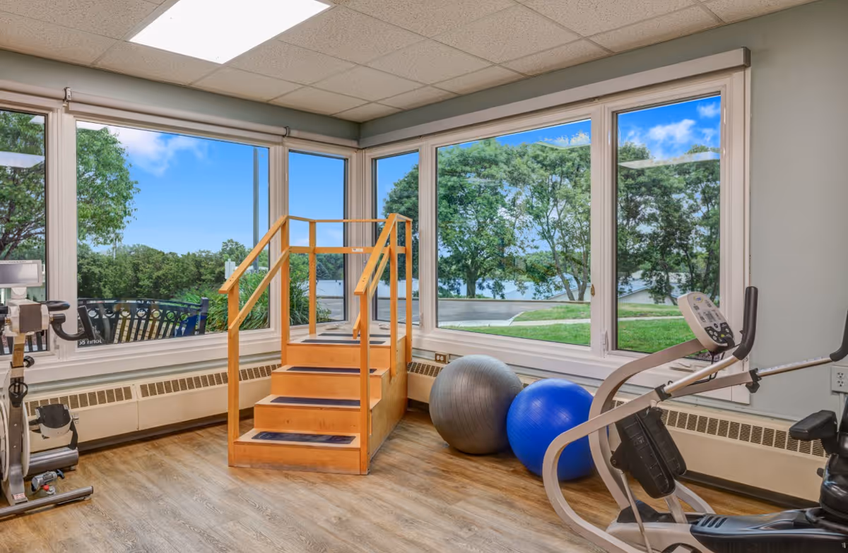 Bright exercise/therapy room with large windows, a wooden practice staircase, exercise balls and cardio equipment overlooking a green outdoor view.