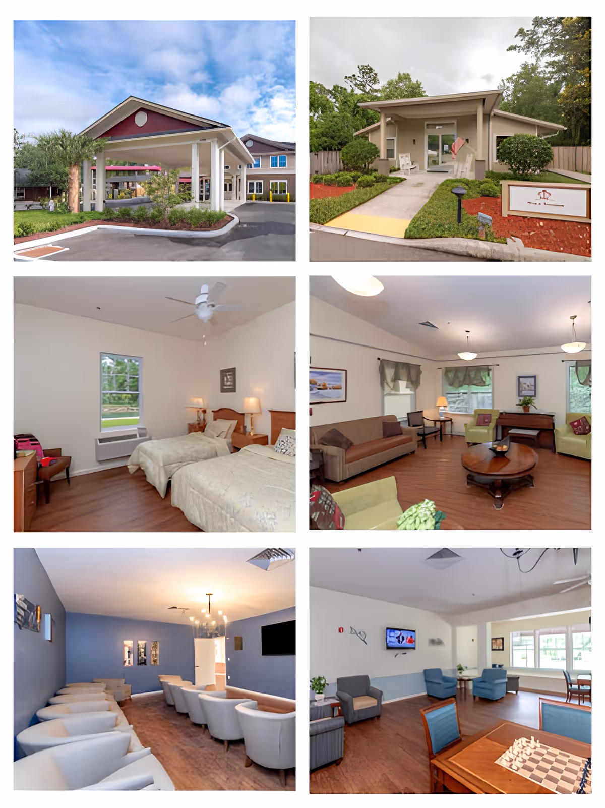Collage of six photos showing the Noble House of Jacksonville's exterior entrances and and interior spaces including a twin-bedded room, lounges, and a game/activity area.