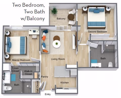 Floor plan of a two-bedroom, two-bath apartment with a balcony. The layout includes a master bedroom with walk-in and linen closets, a master bath, a second bedroom, a second bath, a living room, a kitchen with pantry, and an entry area. The balcony is accessible from the living room.