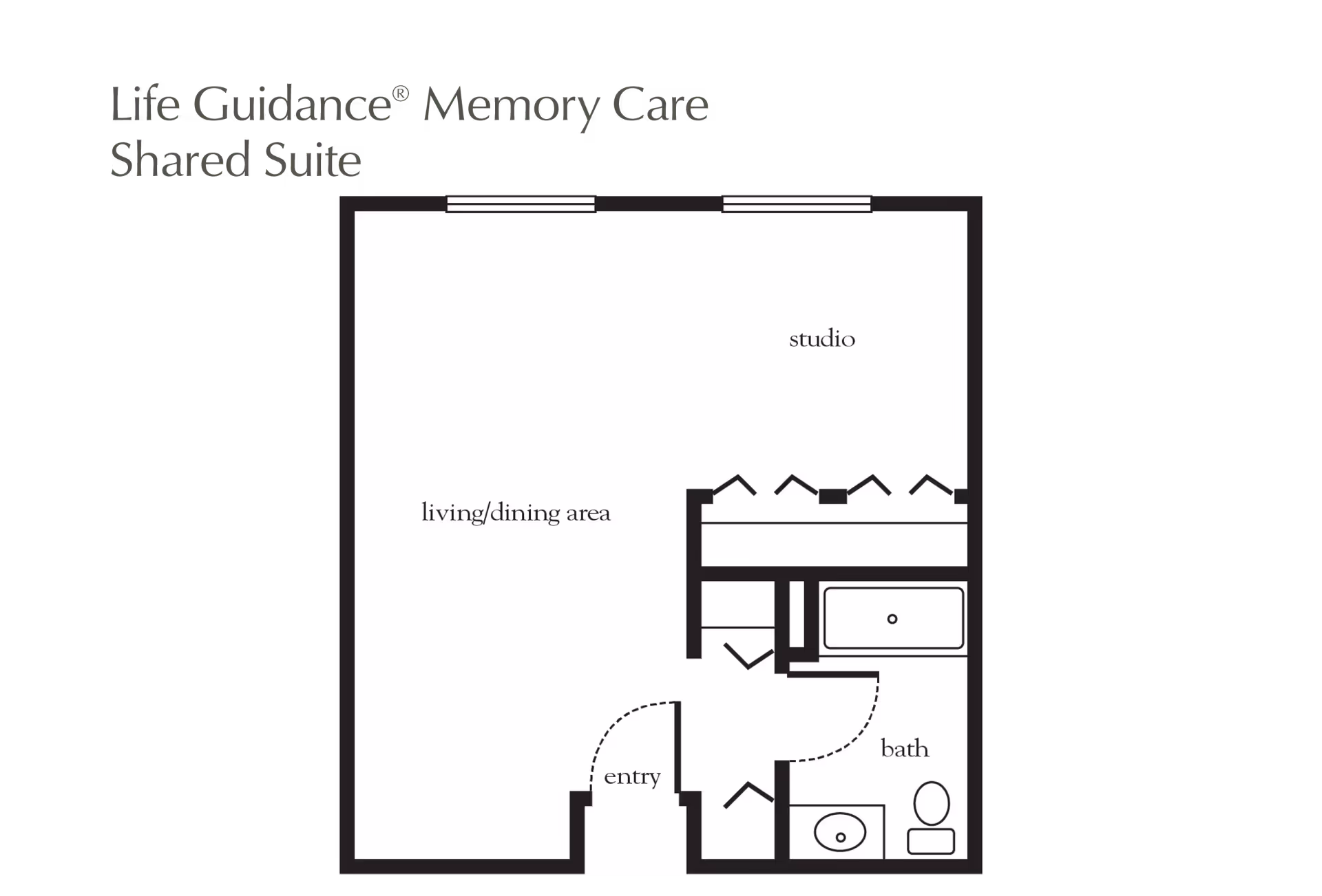 Floor plan diagram of a shared studio suite showing a living/dining area, entry, closets and a bathroom.
