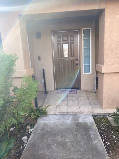 Front entrance of a residential building with a brown door, a small window panel to the right of the door, tiled porch area, and some green plants on the left side of the walkway leading to the door.