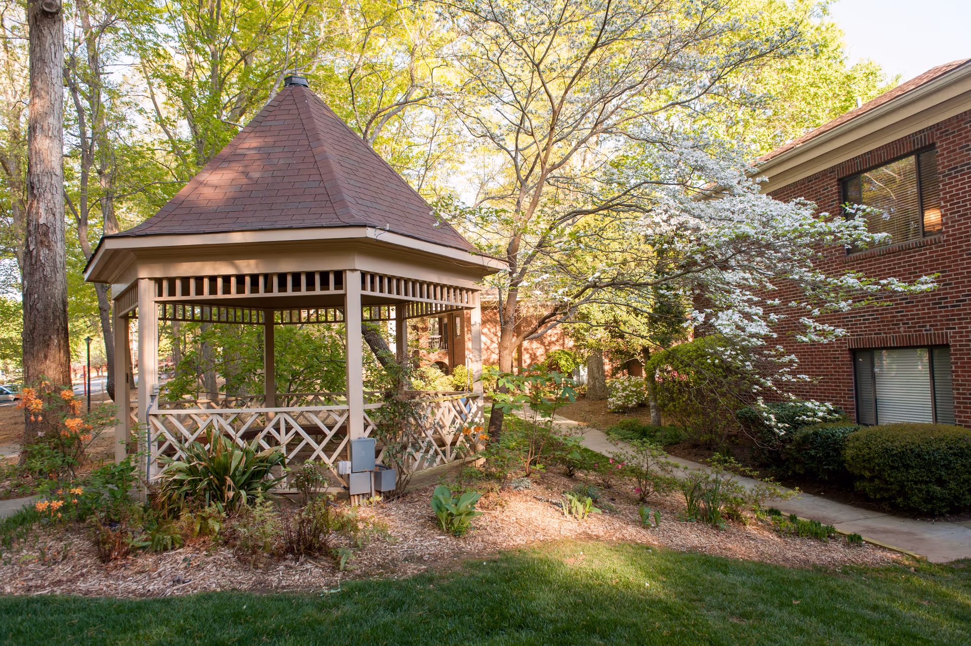 A wooden gazebo with a pointed roof situated in a garden area surrounded by trees and shrubs. A brick building with windows is visible to the right, and a paved walkway runs alongside the garden. The scene is bathed in warm sunlight, highlighting the greenery and blooming white flowers on a tree near the building.