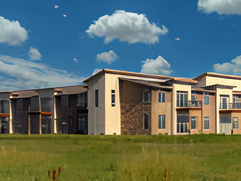 Exterior of a two-story senior living building with balconies overlooking a grassy lawn under a blue sky.