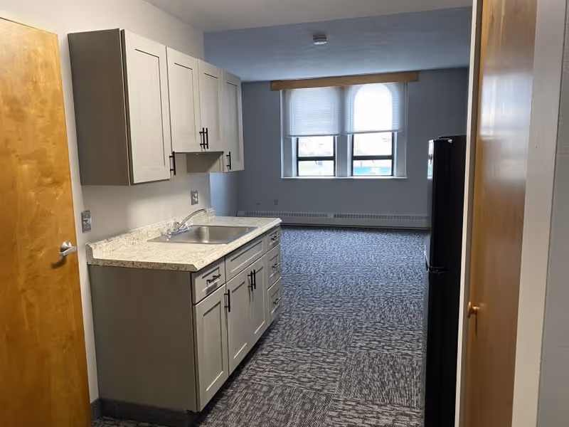 Small studio apartment kitchenette with cabinets and sink opening into a carpeted living area with windows.