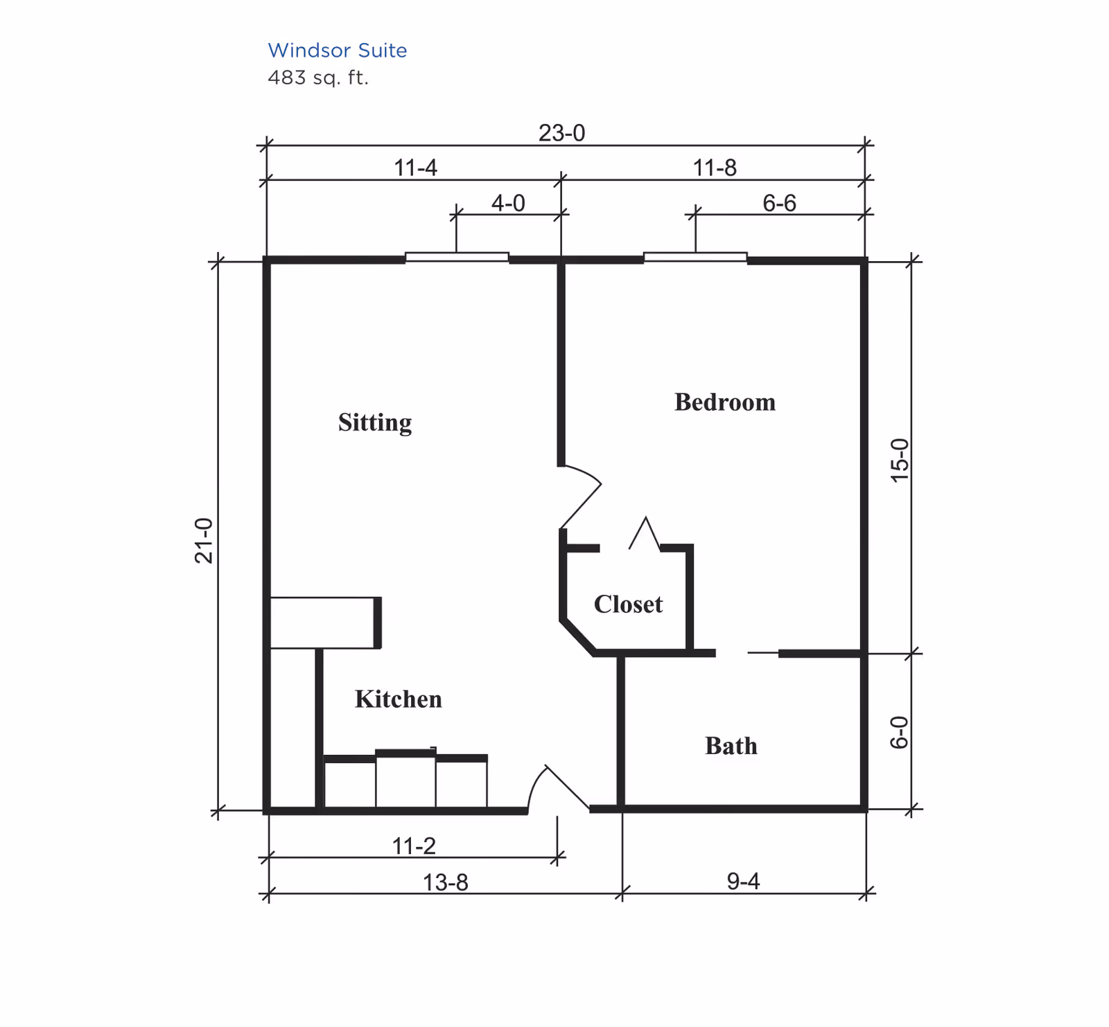 Floor plan of the Windsor Suite at Brookdale East Arbor showing a sitting area, kitchen, bedroom, closet, and bathroom with dimensions and total area of 483 square feet.