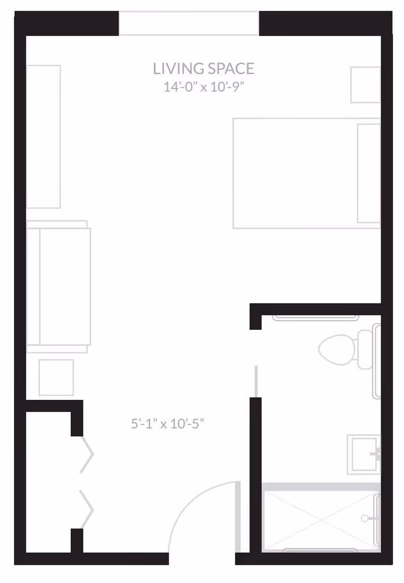 Floor plan layout of a living space measuring 14 feet by 10 feet 9 inches, including a bathroom with a toilet, sink, and shower, and an entry area measuring 5 feet 1 inch by 10 feet 5 inches.