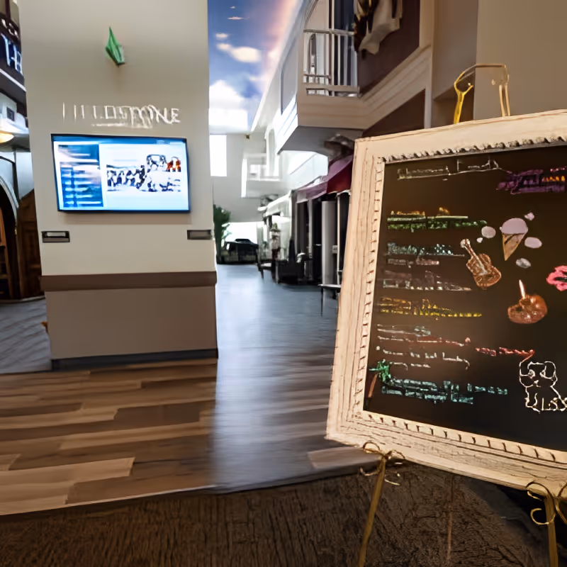 Interior view of a senior living facility hallway with a wooden floor and a ceiling painted to resemble a blue sky with clouds. On the right side, there is a framed chalkboard with colorful drawings and text, including an ice cream cone and a guitar. In the background, there are storefront-style entrances and a digital screen mounted on a wall.