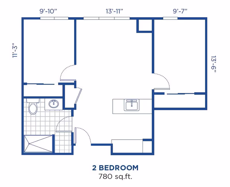 Architectural floor plan of a 2-bedroom apartment with a total area of 780 square feet. The layout includes two bedrooms, a bathroom with a toilet, sink, and shower, and a central living area with a kitchen island featuring a sink.