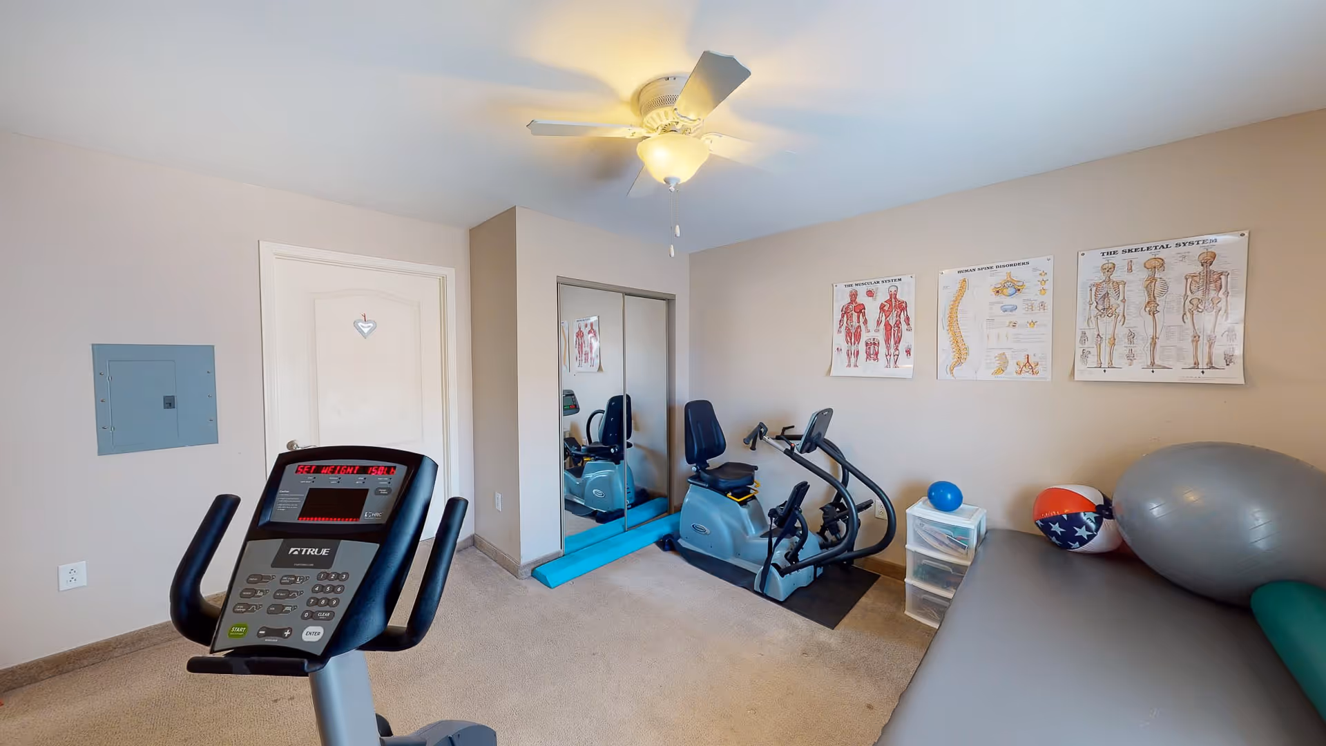 A small exercise room with a stationary bike, an elliptical machine, exercise balls, and anatomical posters on the wall. There is a ceiling fan with a light, a mirrored closet door, and a small plastic drawer unit holding a blue ball.