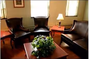 A sitting area with dark leather chairs and a matching sofa around a wooden coffee table with a green potted plant, side tables and a lamp beneath windows.