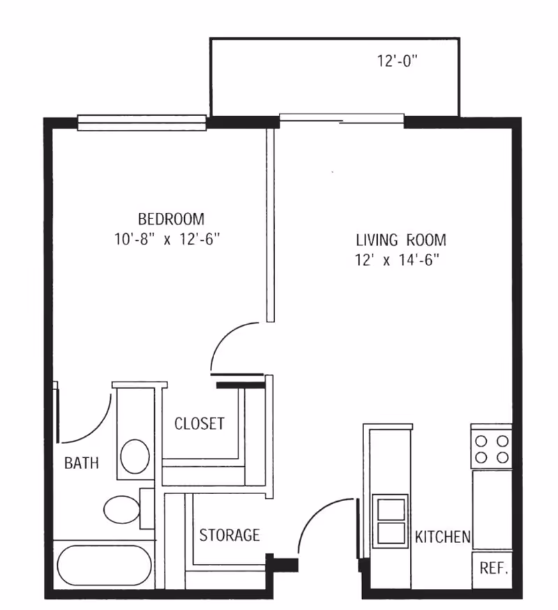 Architectural floor plan of a one-bedroom apartment showing a bedroom, living room, kitchen, bathroom, closet, and storage area with dimensions.