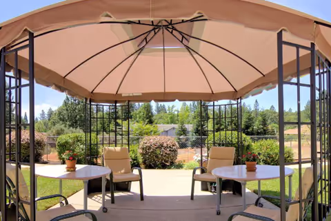 Covered outdoor seating area with round tables, chairs, and potted plants under a canopy overlooking landscaped grounds.