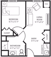 Floor plan of a senior living unit at Danbury Westerville showing a bedroom, bathroom, living room, entry area, kitchenette, and closets with dimensions labeled.