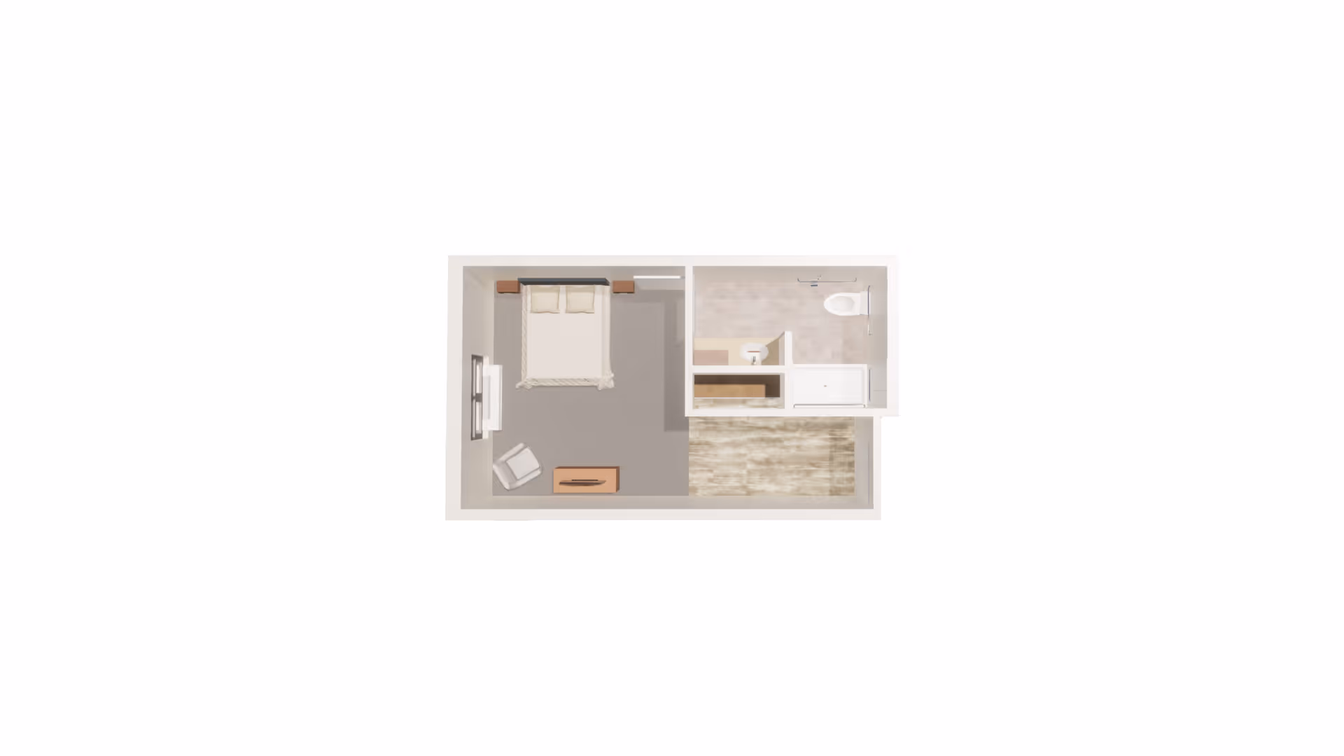 Top-down floor plan of a small studio apartment showing a bed, chair, TV, entry area with wood flooring, and an adjacent bathroom.