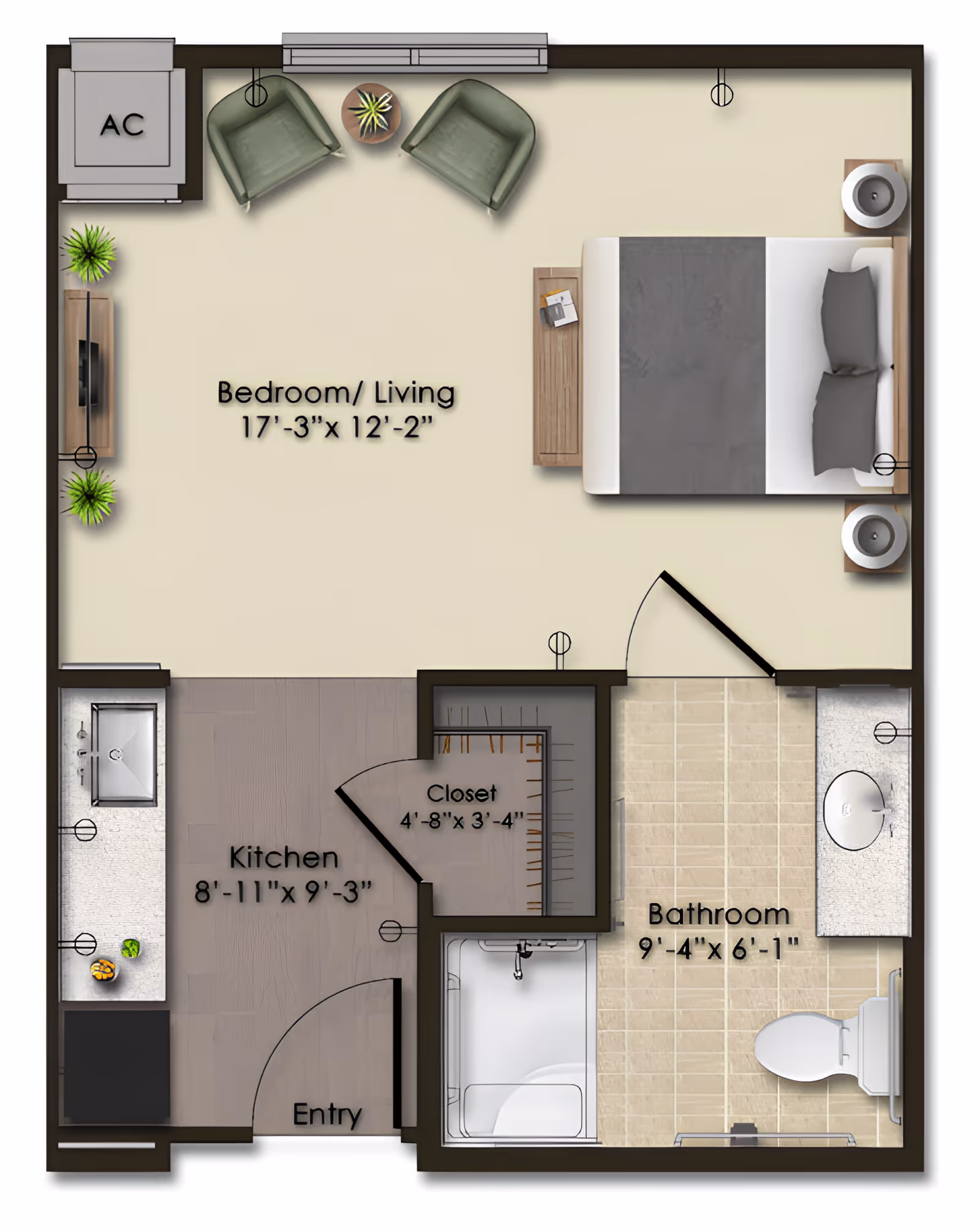 Floor plan of a studio apartment at Harmony At Douglasville showing a combined bedroom and living area with two chairs, a bed, and side tables. The kitchen area is adjacent to the entry and includes a sink and counter space. There is a closet near the center and a bathroom with a shower, toilet, and sink.