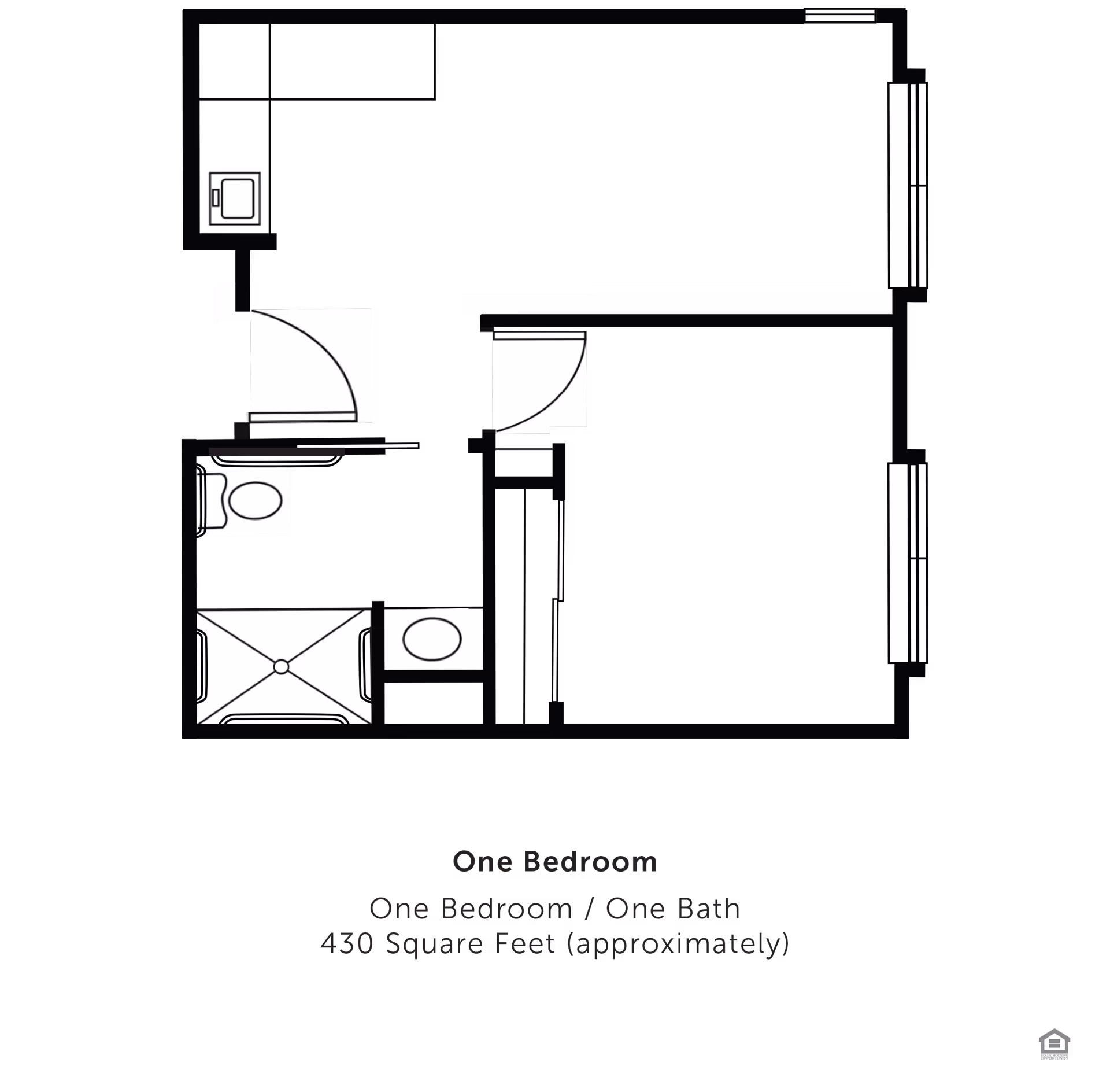 Black-and-white floor plan diagram showing a one-bedroom, one-bath 430-square-foot apartment layout.