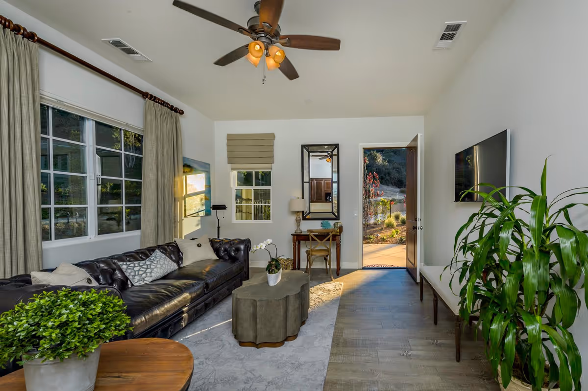 A bright living room with a large dark leather sofa adorned with cushions, a wooden coffee table with a potted plant, and a ceiling fan with lights. There is a window with beige curtains on the left wall and a smaller window with a Roman shade on the back wall. A small wooden desk with a chair and a table lamp is positioned against the back wall next to an open door leading outside. A flat-screen TV is mounted on the right wall above a bench, and a large green plant is placed near the bench.