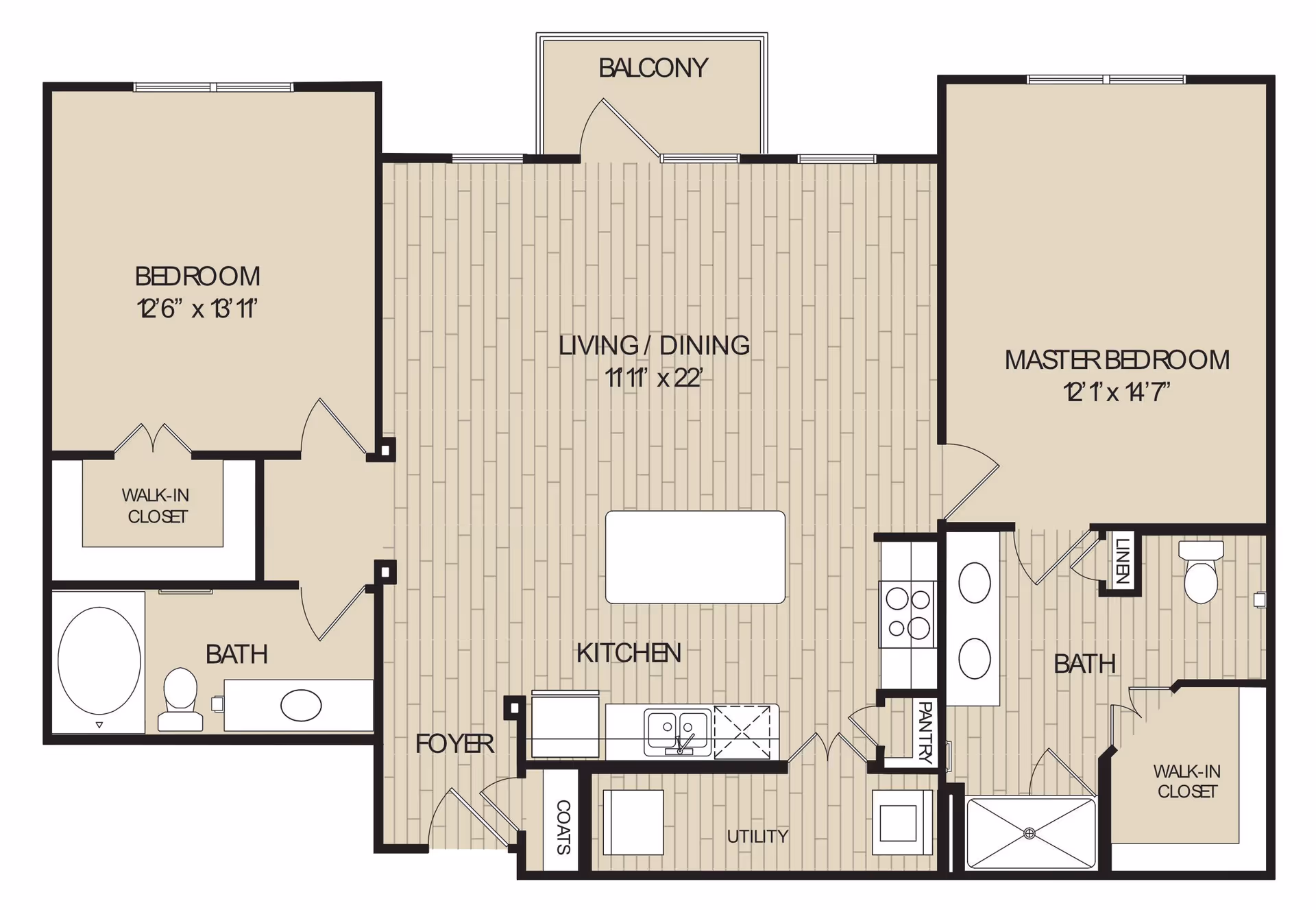 Floor plan of an apartment at Watermere at Frisco showing two bedrooms, two bathrooms, a kitchen, living/dining area, balcony, foyer, utility room, pantry, and walk-in closets.